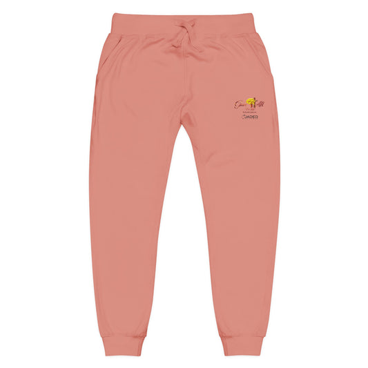 Embroidered Sunrise Rose Sweatpants — Cozy Fleece Joggers with Small Floral Chest Stitch