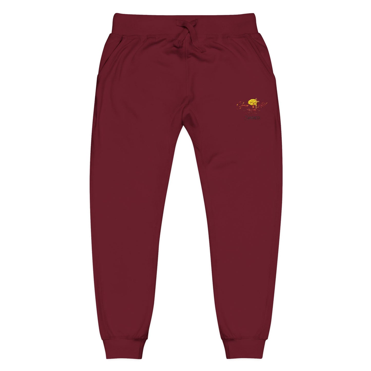 Embroidered Sunrise Rose Sweatpants — Cozy Fleece Joggers with Small Floral Chest Stitch