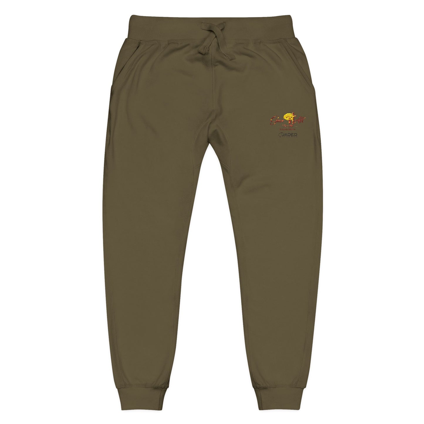 Embroidered Sunrise Rose Sweatpants — Cozy Fleece Joggers with Small Floral Chest Stitch