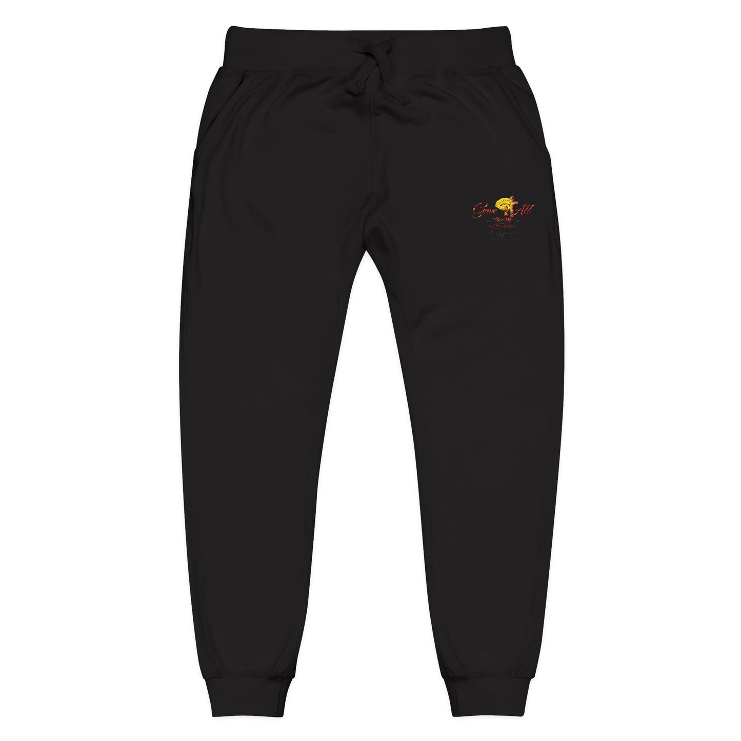 Embroidered Sunrise Rose Sweatpants — Cozy Fleece Joggers with Small Floral Chest Stitch