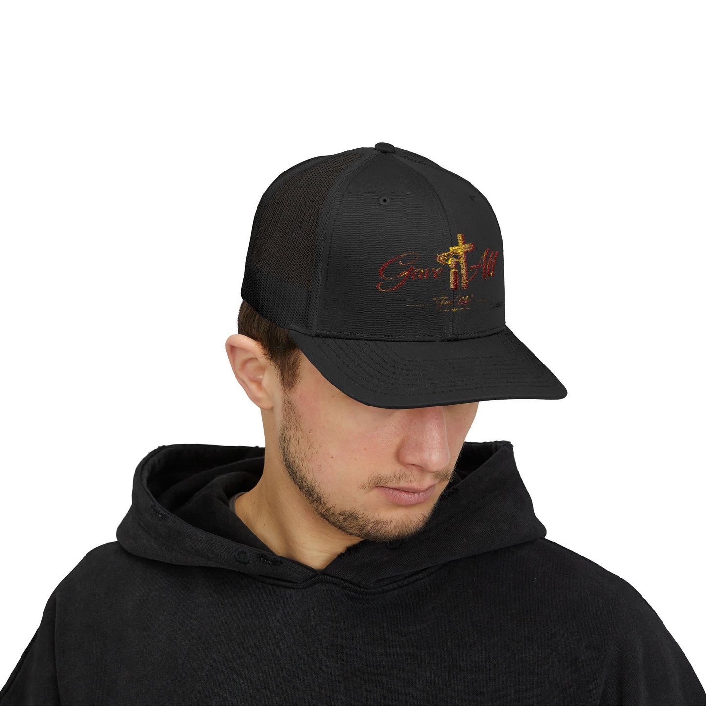 Christian Trucker Cap — "Gave It All For Me" Cross Snapback