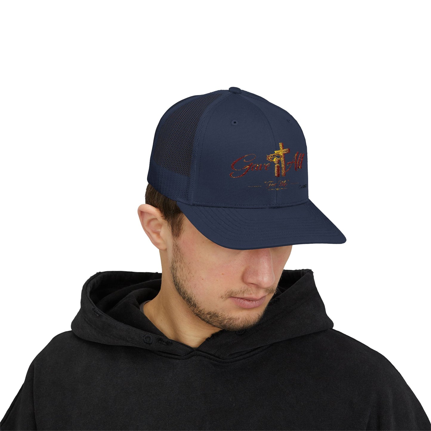 Christian Trucker Cap — "Gave It All For Me" Cross Snapback