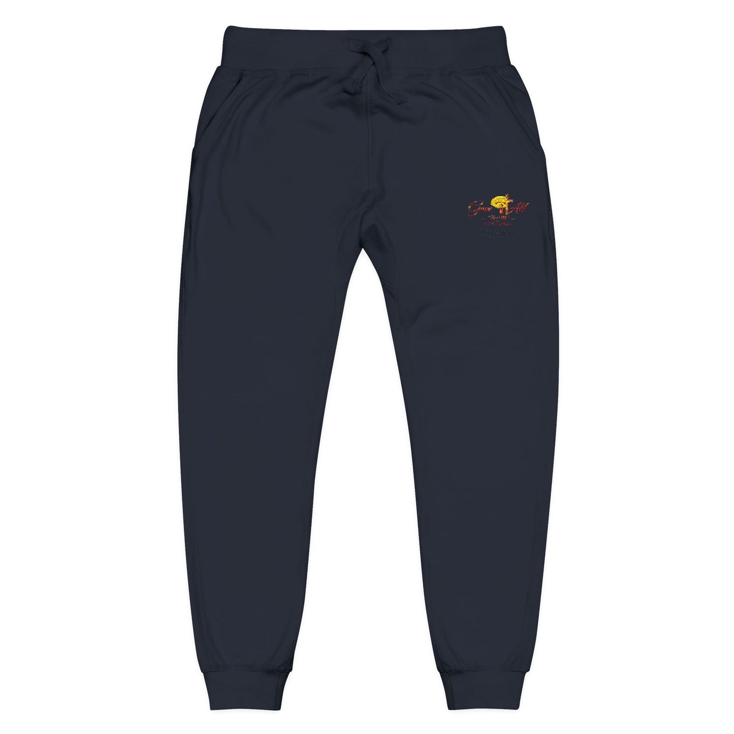 Embroidered Sunrise Rose Sweatpants — Cozy Fleece Joggers with Small Floral Chest Stitch