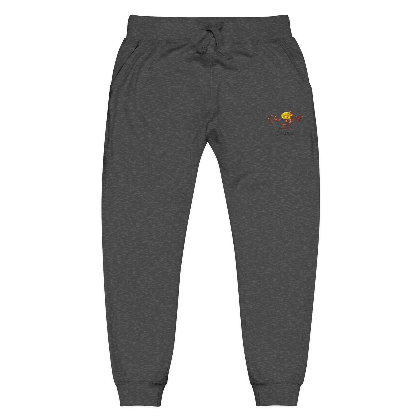 Embroidered Sunrise Rose Sweatpants — Cozy Fleece Joggers with Small Floral Chest Stitch