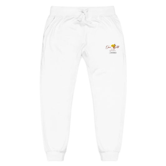 Embroidered Sunrise Rose Sweatpants — Cozy Fleece Joggers with Small Floral Chest Stitch