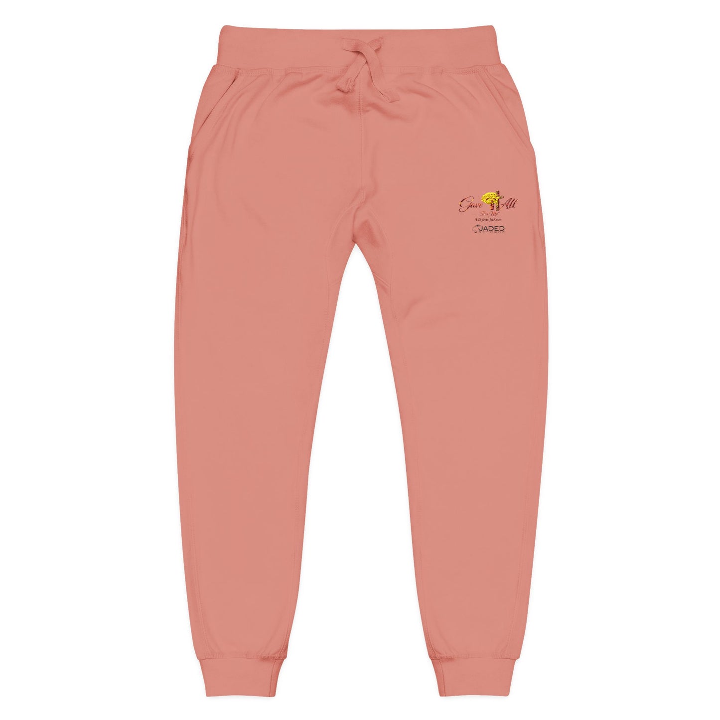 Embroidered Sunrise Rose Sweatpants — Cozy Fleece Joggers with Small Floral Chest Stitch